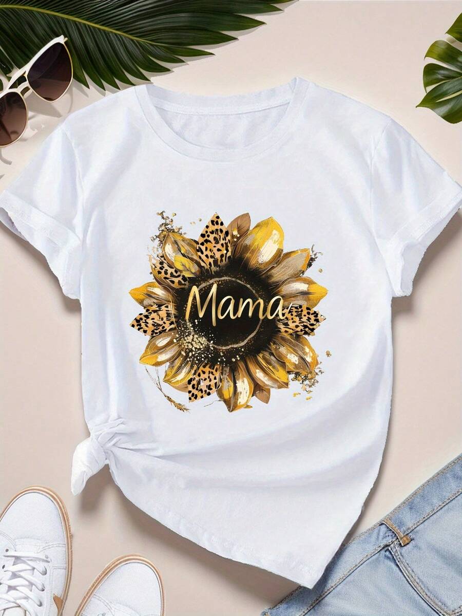Camiseta Deportiva de anga Corta para ujer, Talla Grande, con Diseño de Girasol "parkling om" - Blanco - Ver 1