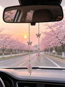 1pc Fairy Style Flash Diamond Butterfly Mosaic Car Ornaments Pink Diamond Bead Chain Car Rearview Mirror High Sense Decoration - Butterfly Flowers - View 8