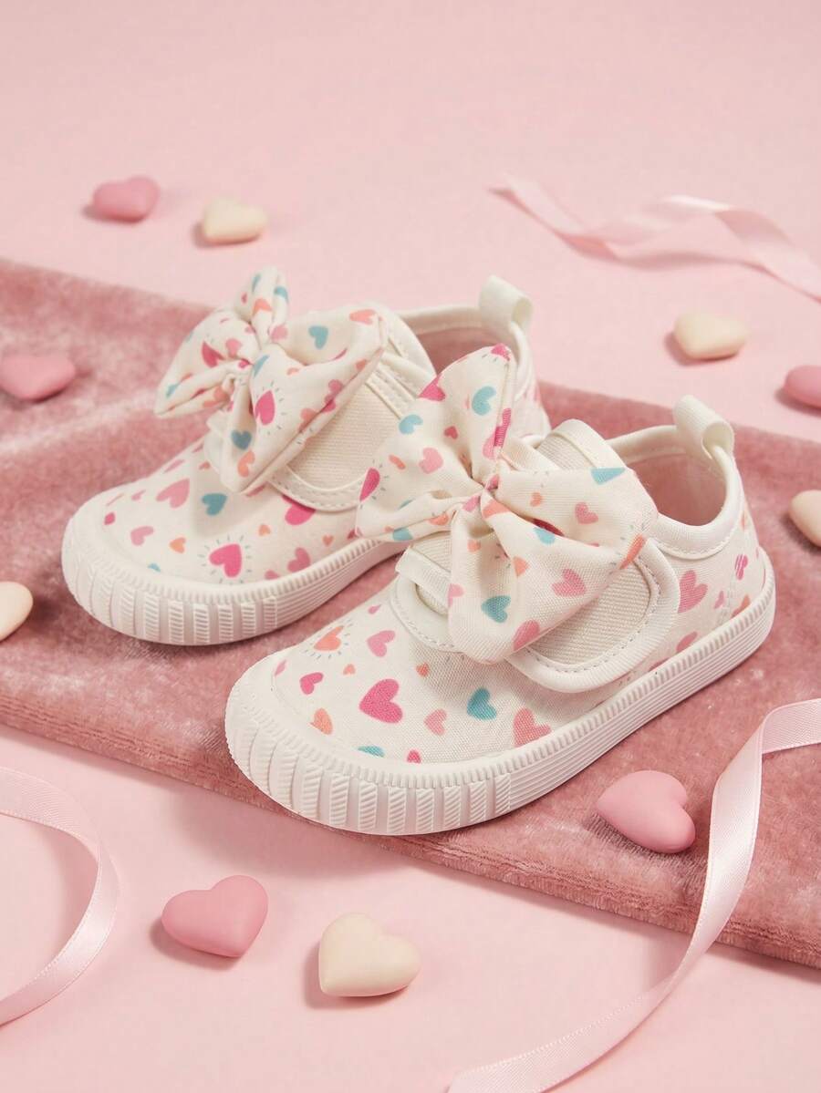 New Girls' Colorful Heart Pattern Canvas Sneakers With Bow Decor ...
