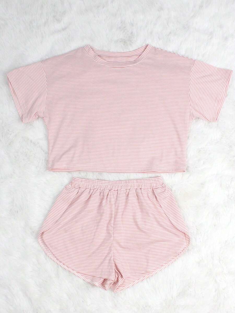 Set de 2 piezas compuesto por top holgado de punto a rayas con abertura lateral y shorts, conjunto informal de ropa de estar en casa - Blanco - Ver 1