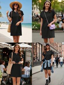 TEMOFON Vestido Camiseta para Mujer, Verano, Manga Corta, Holgado, con Bolsillo, Vestido Casual, Vestido de Verano a la Moda, Color Sólido Negro, Talla XL - Negro - Ver 4
