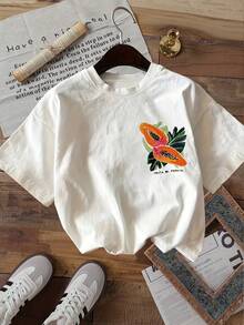 1 Stk. Grunge Casual T-Shirt aus 100% Baumwolle mit doppelseitigem Druck, Rundhalsausschnitt, Kurzarm, Damen, Papaya-Blatt, tropisches Muster, Sommer, Alltag, Damen-Tops - Weiss - Übersicht 2