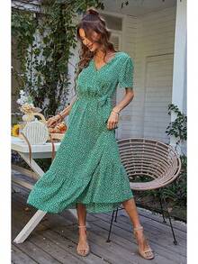 Vestido bohemio floral para mujer , para usar en el trabajo, con cuello en V, manga corta, cinturón, doblones, corte en A, fluido y largo. - Verde - Ver 5