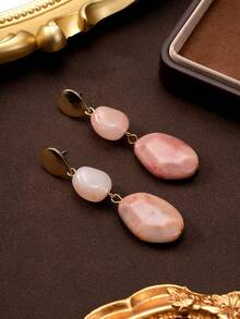 1 par de pendientes largos elegantes y personalizados con cuentas de piedra sintética, diseño geométrico asimétrico en forma de lágrima de metal, estilo vintage de moda, adecuados para uso diario, regalo y vacaciones - Rosa coral - Ver 3