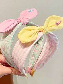 3pcs Girls Fresh Sweet Versatile Rabbit Ear Bow Striped Wide Fabric Headbands, Suitable For Daily Wear, Outfit Matching, Back To School, Travel - Multicolor - View 5