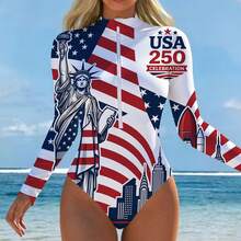 Patriotic American Flag Women's Long Sleeve Zip Up One Piece Swimsuit With Usa 250 Celebration Print Red White Blue Stars And Stripes Cityscape Design - Black - View 6