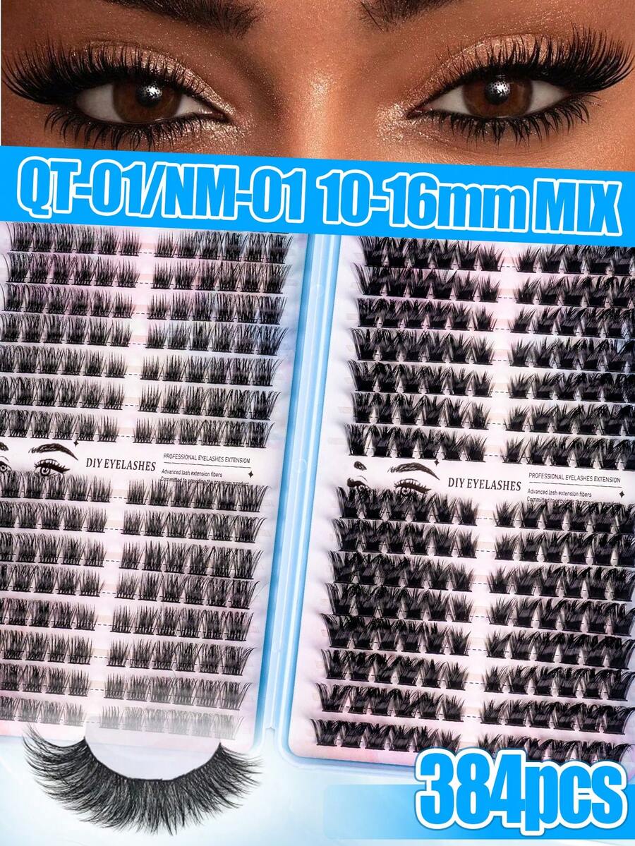 384/416 Piezas Set de Extensiones de Pestañas DIY D Curl, Longitud Mixta 10-16mm, Pestañas Gruesas, Suaves y Rizadas, Crea un Maquillaje de Ojos 3D Vívido, Fácil Aplicación en Casa, Perfecto para el Desplazamiento Diario, Viajes, Fiestas de Cena, Maquillaje de Novia y Dama de Honor