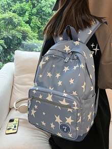 星星印花尼龍徽章多口袋輕量大學包，適合青少年女孩學校旅行四季使用（返校背包） - 藍色 - 查看 2