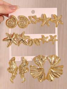 3/8 Pairs Oversized Gold-Plated Petal Starfish Shell Earrings, Gold Women's Earring Set. Suitable For Daily Beach Ocean Vacation (Non-Fading, Lightweight CCB Material) - Gold - View 2
