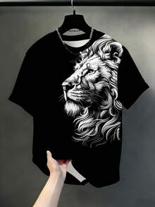 2pcs/Set Plus Size Men's Street Style Set, Black & White Lion Head Print Short Sleeve T-Shirt + Shorts, Casual Hip Hop Summer Sports - Black - View 3