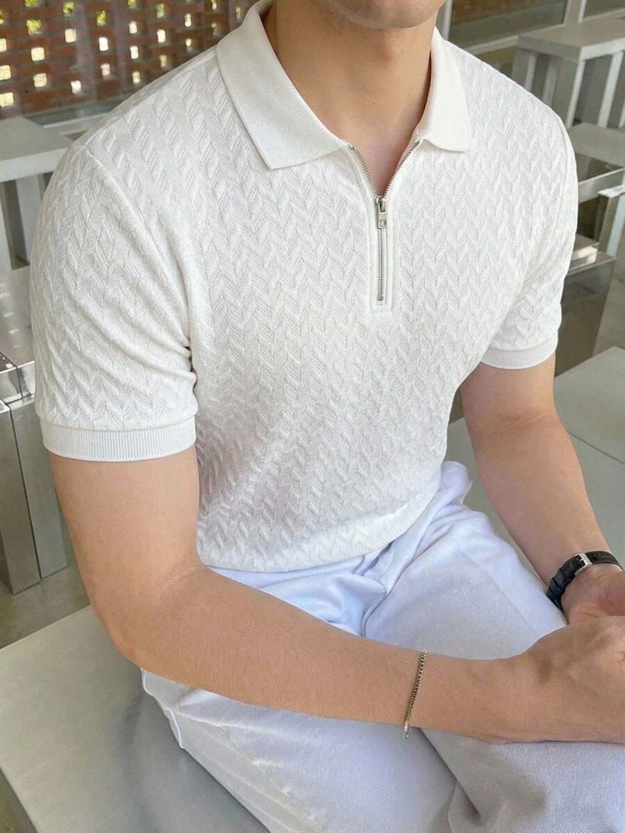 DAZY 男士夏季提花纹理 Polo 衫,翻领半拉链设计,适合日常通勤、旅行、度假和户外活动,休闲简约风格,都市成熟风格,英伦绅士风格。 - 白色 - 查看 1