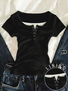 Camiseta de manga corta casual y de oficina con contraste de encaje y botones a la mitad, para verano - Multicolor - Ver 5