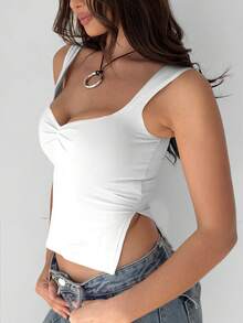 Solid Color Square Neck Cami Tank Top, Women's Ruched Front Sleeveless Slim Fit Cropped Top, Versatile Fashion Tank White - White - View 6