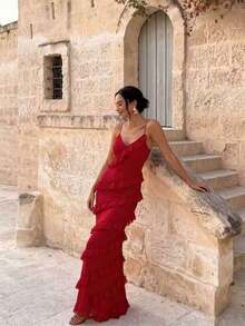 Vestido de tirantes finos con volantes multicapa y espalda descubierta de unicolor, adecuado para bodas, fiestas, cumpleaños, aniversarios, graduaciones, festivales de música en color rojo - Rojo - Ver 6