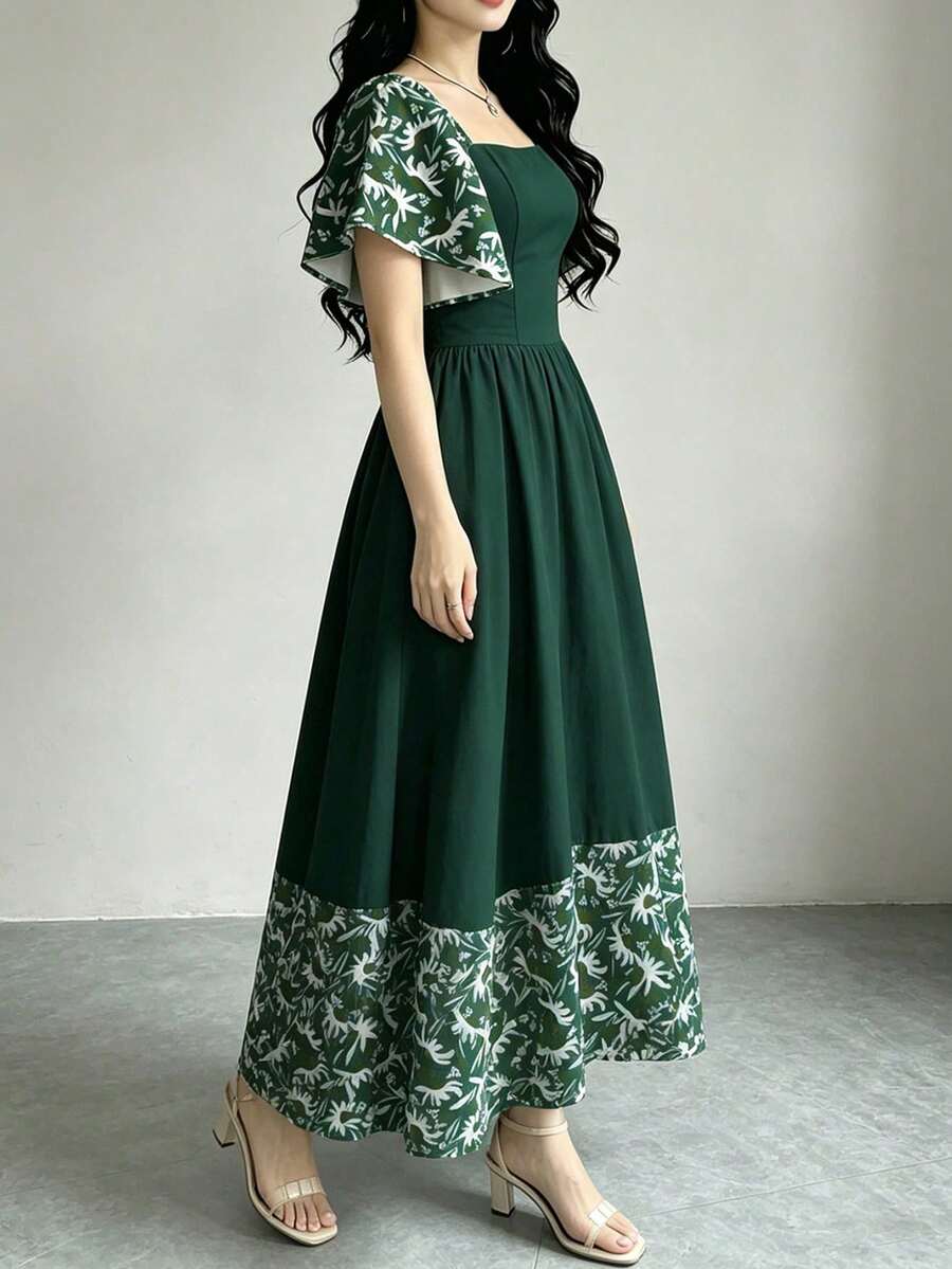 Turtle Leaf, Coconut Tree, Scattered Leaf And Small Flower Plant Silhouette, Square Neck And Short Sleeve Dress With Ruffle Design At The Hem, Summer Vacation Style - 多色 13 - 查看 1