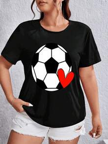 Una elegante camiseta de manga corta para mujer con diseño de fútbol y cuello redondo. - Negro - Ver 1