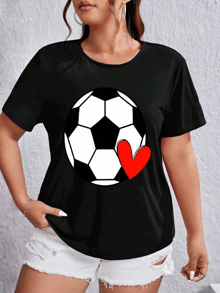 Una elegante camiseta de manga corta para mujer con diseño de fútbol y cuello redondo. - Negro - Ver 1