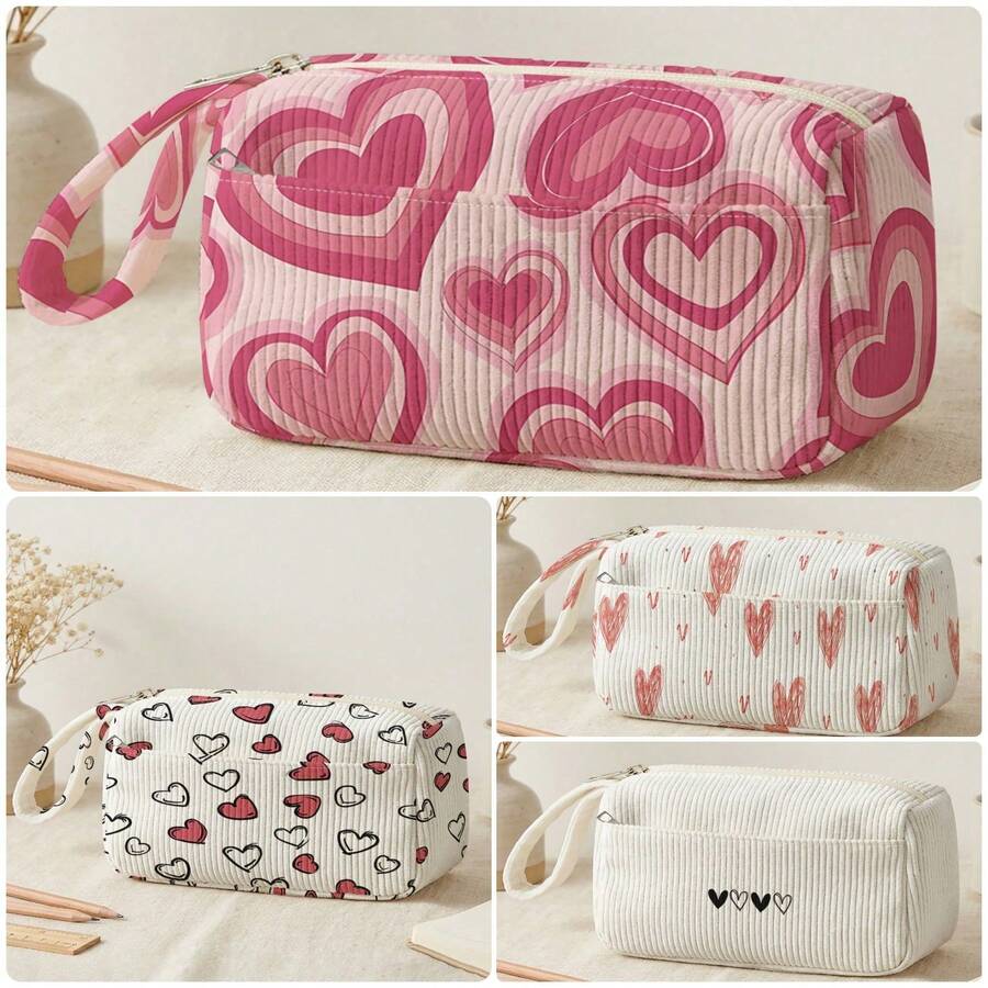 1pc Love Print Coarse Corduroy Zipper Pencil Case, Large Capacity Stationery Organizer,Case With Side Pocket & Handle, Multi-Use Storage Bag For School, Office & Personal Small Items - C-sTGCBD - View 1