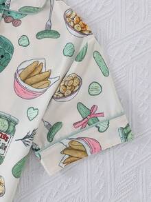 2pcs/Set Girls Cute Casual Cucumber Print Lapel Short Sleeve Cardigan And Shorts Pajama Set Flame Retardant All Season Toddler - Multicolor - View 5