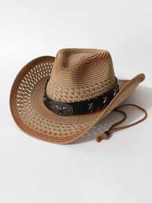 Unisex Gradient Hollow Western Cowboy Straw Hat Wide Brim Sun Hat With Bull Head Buckle X Rivets Wind Chin Strap Vintage Outdoor Beach Fedora Hat - Permed Straw Hat X Cow - View 5