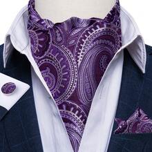 4 Stücke Herren-Ascot-Krawatten-Set in tiefem Violett-Lila mit Einstecktuch und Manschettenknöpfen, Nackensegment für große Empfänge, Abschlussbälle und als Geschenk für Herren - Violett - Übersicht 5