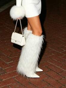 Stiletto High Heel Women Knee High Boots Furry Fluffy Fashion Luxury Sexy Elegant Nightclub Halloween Winter Snow Shoes For Woman - 白色 - 查看 3