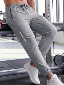1 pieza Pantalones deportivos para hombre con cordón en la cintura, adecuados para primavera y verano - Gris - Ver 2
