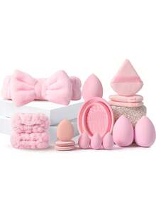 16Pcs/4pcs Pink All-In-One Makeup Prep Kit With Bow Plush Hairband Multi-Size Dry Wet Beauty Sponge Triangle Velvet Powder Puff Silicone Brush Cleaner Bowl Cosmetic Tools For Foundation Loose Powder - Pink - View 1