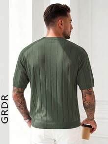 Suéter de punto de manga corta ligero de cuello redondo acanalado para hombre de verano - Verde militar - Ver 4