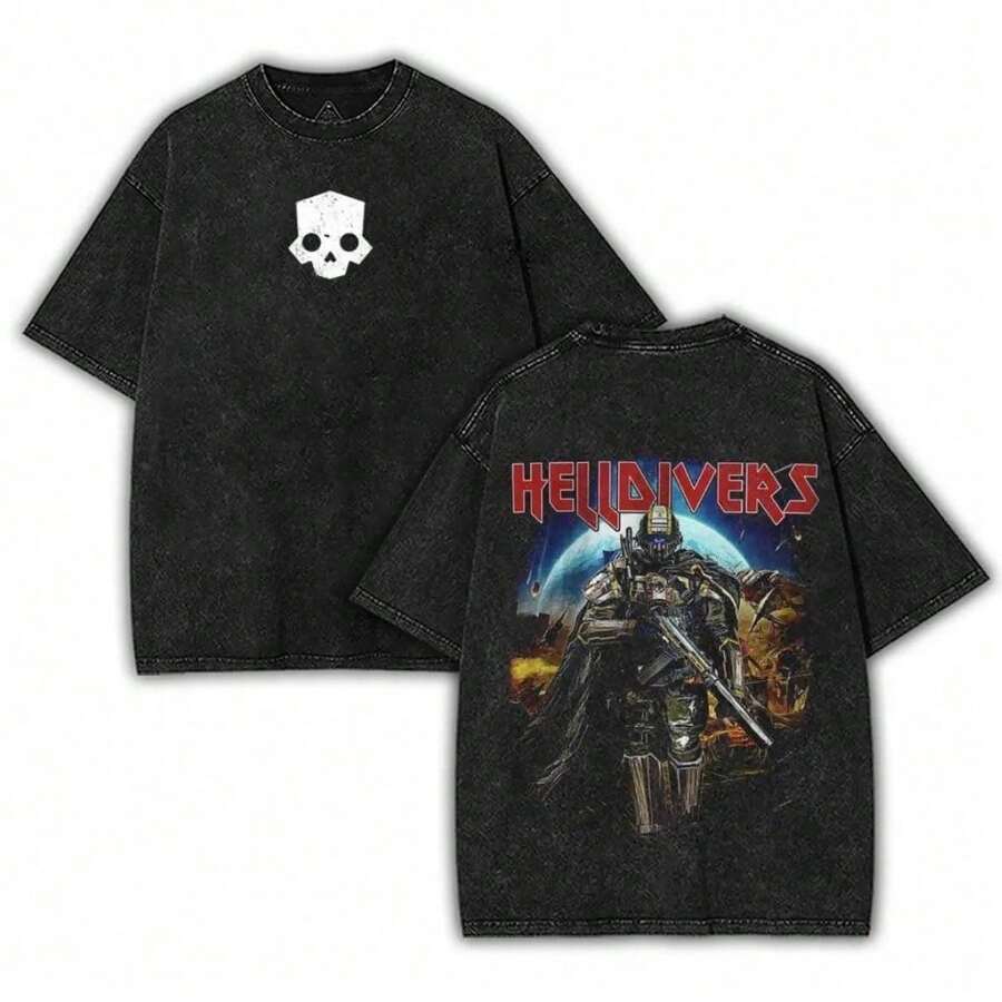 Camiseta Helldivers 2 Skull Game Lavada, de Algodón, de Doble Cara, Unisex, con Personaje de Anime, Retro, Cómoda, de Alta Calidad, para Hombre - Negro - Ver 1
