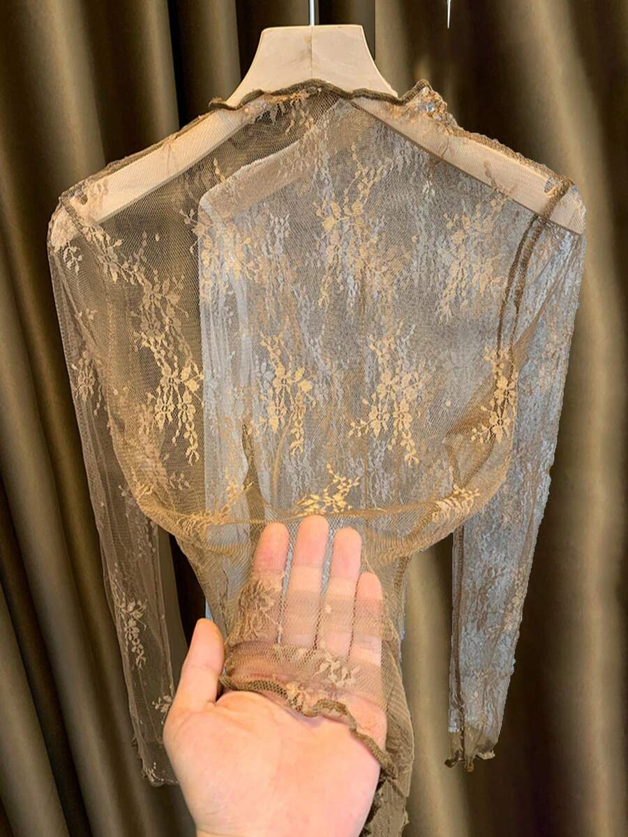 2025新款女士蕾丝高领叠穿网纱透视长袖修身打底衫，春夏秋季休闲款 - 棕色 - 查看 1