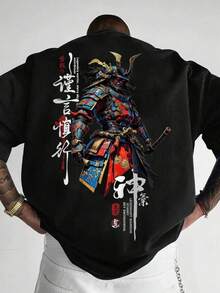 Camiseta de manga corta con cuello redondo y estampado de samurái de moda y versátil para hombre, verano - Negro - Ver 1
