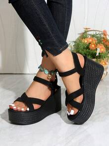 Women's Fashion Wedge Platform Sandals, Spring/Summer New Black High Heel Sandals, Lightweight And Comfortable - Suitable For Shopping, Vacation, Travel, Casual Daily Wear, Women's Buckle Strap Sandals - Black - View 1