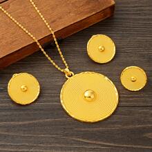 3pcs/Set Classic Minimalist Golden Color Round 3D Polished Jewelry Set, Earrings, Ring, Necklace Combination Set, Middle Eastern Daily Fashion Women Girls Jewelry, African Arab Birthday Party Gathering Wedding Engagement Holiday Accessories Gift - Yellow Gold - View 2