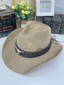 1pc Unisex Rivet Bull Head Leather Decor Sequin Woven Breathable Straw Hat, Western Cowboy Hat, Suitable For Spring/Summer, Applicable For Western Theme Events, Gatherings, Parties, Role Play, Festivals, Music Festivals, Fashion And Multi-Purpose, Beach, Vacation - Multicolor - View 13