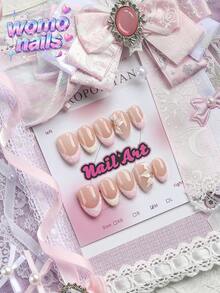 10pcs Handmade Almond-Shaped Classic French Pressed Flower False Nails, Sweet Nude Pink And White Polka Dot, Handmade 3D White Flower Decoration, Suitable For Party, Dance, Daily Wear, Comes With Tool Set, Perfect Gift For Women And Girls - Pink - View 5