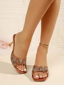 Vintage Monogram Print Mid Heel Slide Sandals For Ladies - Brown - View 4