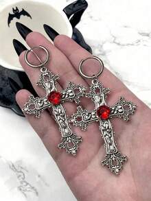 2 piezas Pendientes de cruz de estilo gótico con exagerados cristales de plata, combinados con accesorios de punk rock negro para Halloween - gótico - Ver 12