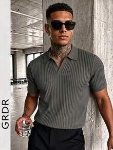 GRDR Suéter de punto de manga corta de unicolor para hombres, de moda para el verano - Gris Oscuro - Ver 6