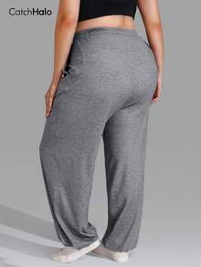 Plus Size Women Loose Casual Pants, Elastic Waistband, Drawstring, Pockets, Soft, Wide Leg, Suitable For Fitness & Yoga Sports Fall - Grey - View 12
