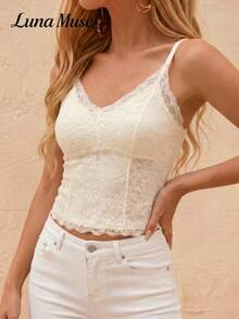 Luna Muse Lace Corset Camisole With Built-In Padding, Spaghetti Strap, High Elasticity, Slimming Fitted Corset, Autumn/Winter Layering Base Top - Apricot - View 4