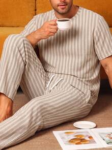 Men's Summer Striped Crew Neck Casual T-Shirt And Casual Long Pants Loungewear Set - Light Grey - View 2