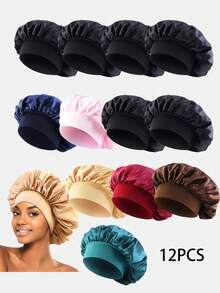 12pcs Women's Multi-Color Satin Wide Brim Sleep Caps Hair Caps Suitable For Daily Use - Multicolor - View 17
