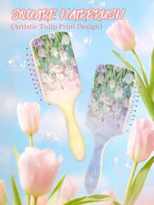 1pc Tulip Pattern Detangling Hair Brush,Paddle Detangler Hair Brush,Large Size Square Air Cushion Comb With Handle,Detangling Hairbrush, Detangler Hair Brush For All Hair Types, Detangling Hairbrush Glides Through Tangles For Wet, Dry & Damaged Hair - Apricot - View 1