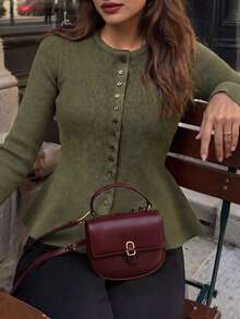 Atasan Sweater Rajut Bergaris Wanita dengan Kancing Depan dan Hiasan Ruffle, Lengan Panjang, Panjang Standar, Gaya Musim Gugur yang Modis - Dark Green - View 4