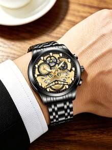 1pc Men's Watch 41mm Case Fashion Hollow Mechanical-Style Dial Luminous Rivet Luxury Clock Stainless Steel Band Original Quartz Movement Real Calendar Sport Fashion Casual Business Suitable For Home Decor And Men's Gift Classic Men's Wrist Watch - Black - View 9