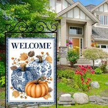1 Decorative Flag With Blue And White Pumpkin Theme, Suitable For Autumn Use, Size 12*18 Inches. This Double-Sided Garden Flag Is Perfect For Yard Decor And Outdoor Use, Sold As Flag Only. - Garden Flag - View 8