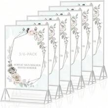 3/6pcs 4X6/5X7/6X8/8.5X11 Clear Acrylic Sign Holder With Silver Frame And Vertical Base, Double-Sided Desktop Menu Stand Photo Frame, Suitable For Wedding Table Numbers, Restaurant Signs, Photos And Artwork Display - T-silver - View 2