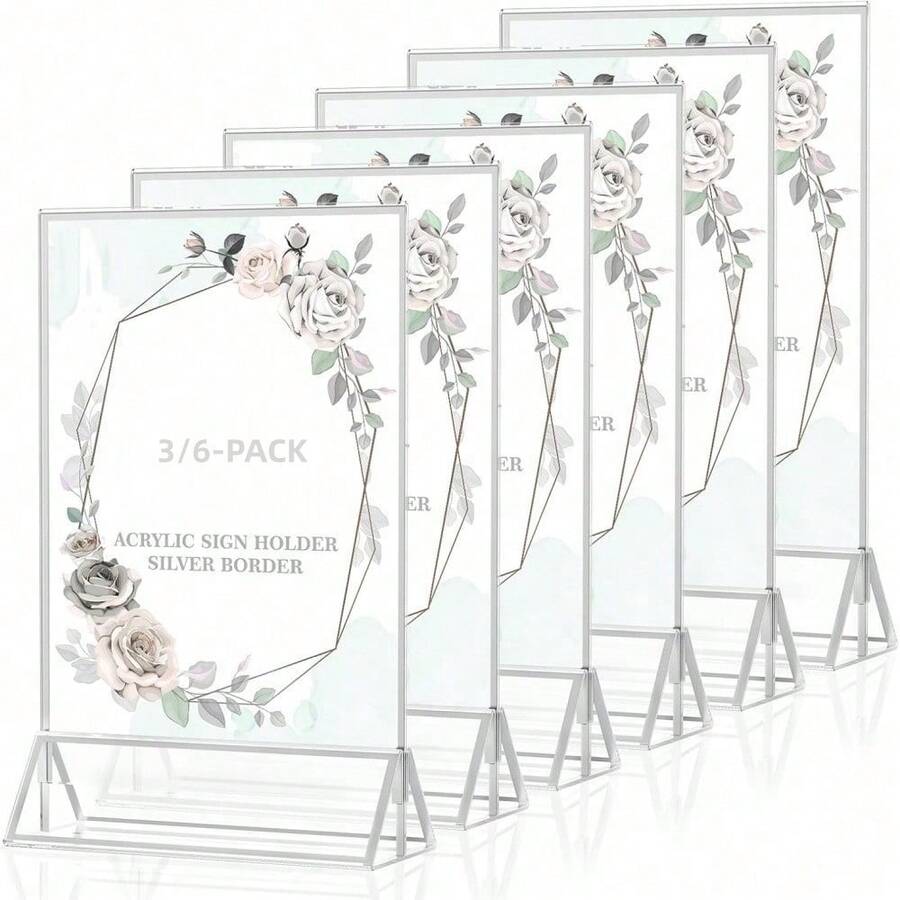 3/6pcs 4X6/5X7/6X8/8.5X11 Clear Acrylic Sign Holder With Silver Frame And Vertical Base, Double-Sided Desktop Menu Stand Photo Frame, Suitable For Wedding Table Numbers, Restaurant Signs, Photos And Artwork Display