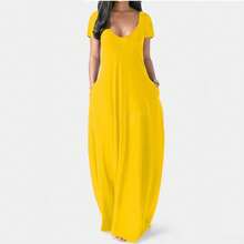 Nueva ropa de verano para mujer, estilo europeo y americano, vestido de color sólido, sexy, con escote en V profundo, manga corta y largo. - Gris - Ver 5